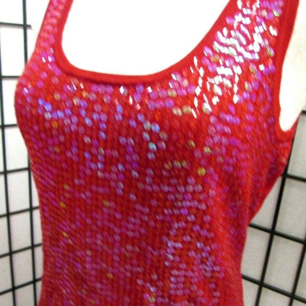 Red Sequin Large Scoop Neck Tank Top Shell by Artisan Knit